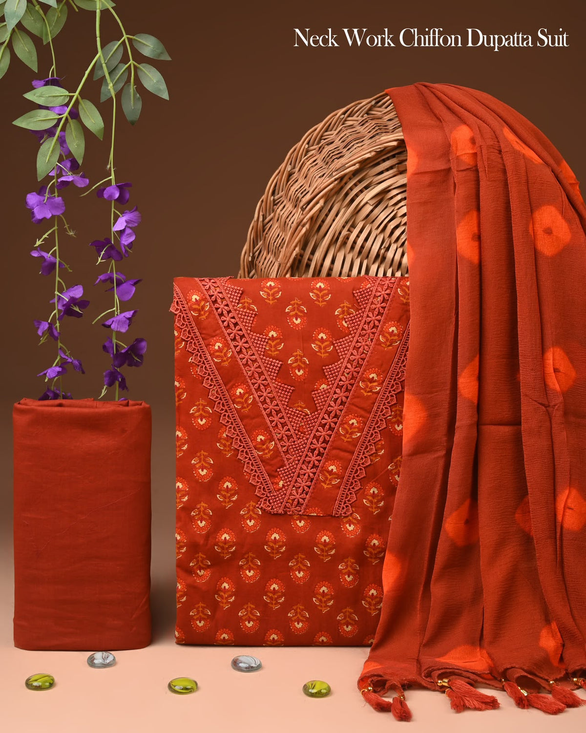 Premium Gota Patti Work Cotton Suit Set With Chiffon Dupatta