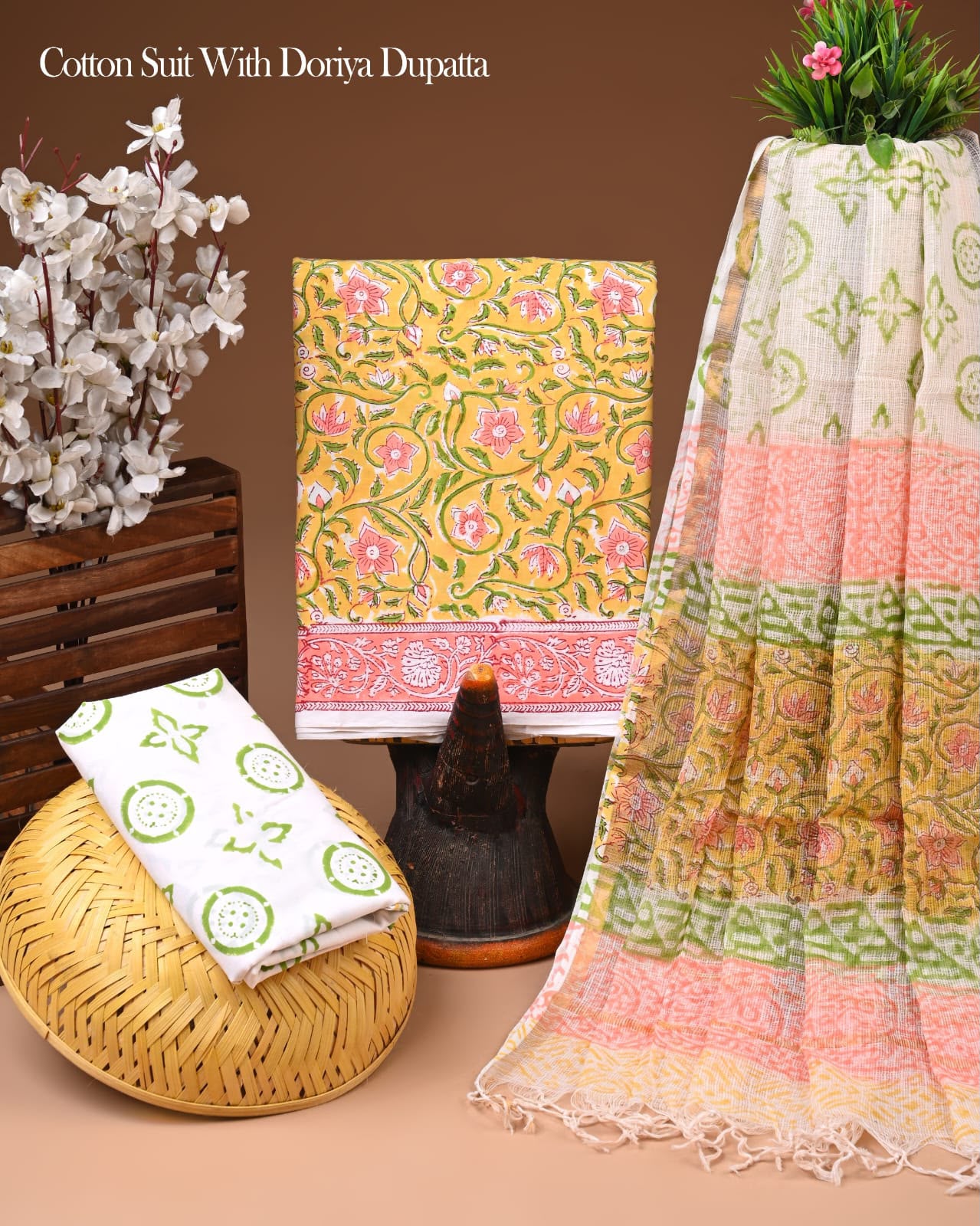 Pure Cotton Hand Block Printed Suit Set With Kota Doria Dupatta