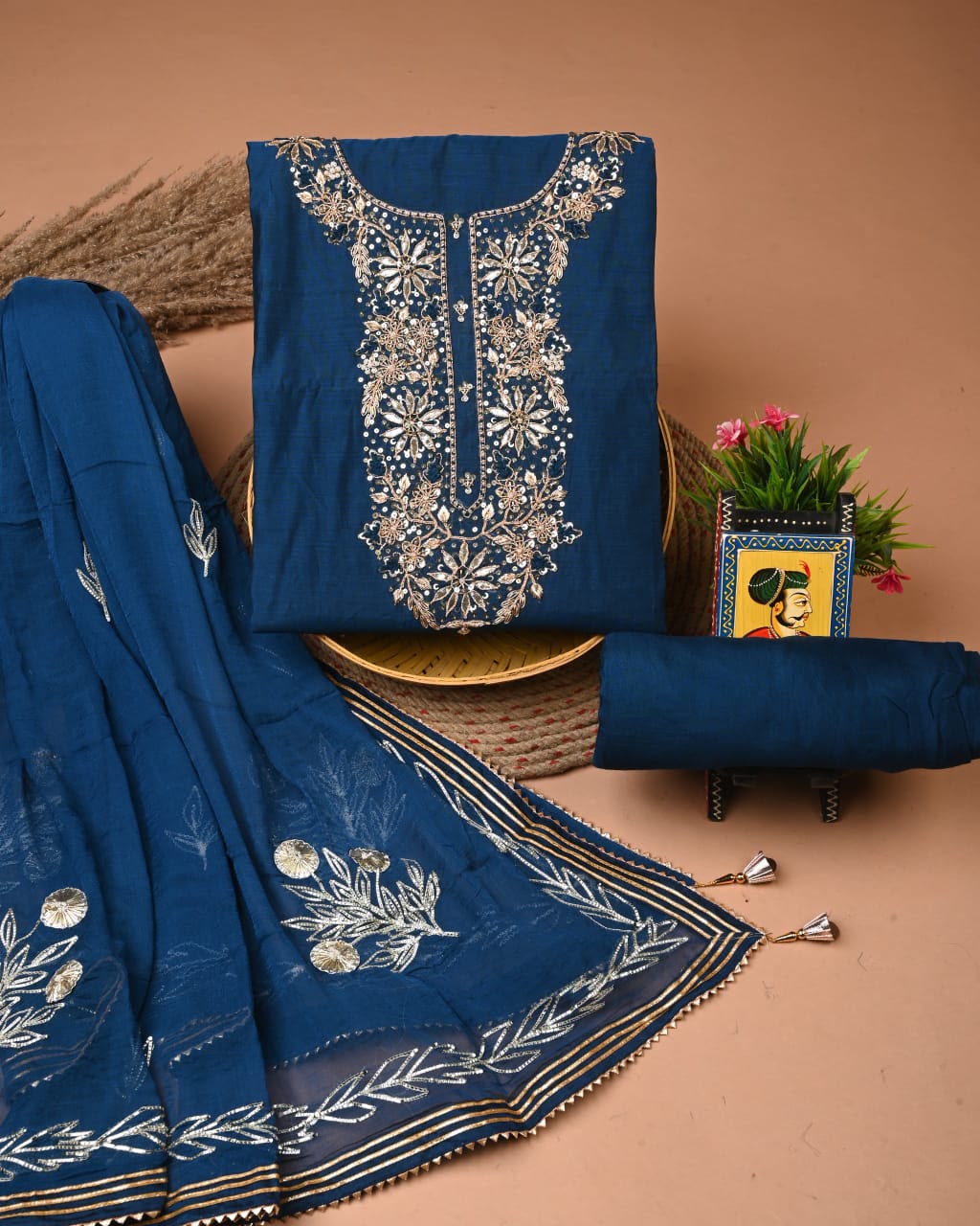 Premium Heavy Neck Work Dola Silk Suit Set