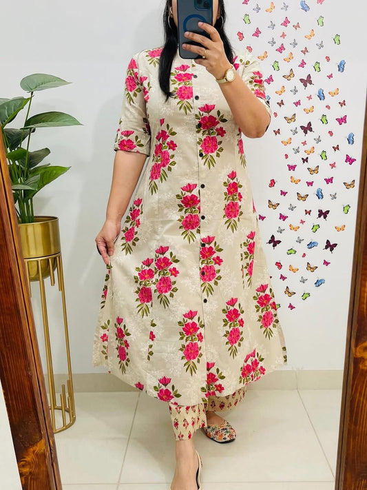 Premium Floral Fine Cotton Printed A-Line Pattern Kurti-Palazzo Set