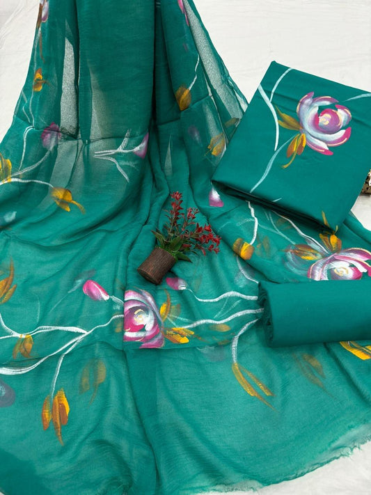 Pure Cotton Hand Block Printed Suit Set With Chiffon Dupatta