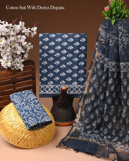 Pure Cotton Hand Block Printed Suit Set With Kota Doria Dupatta