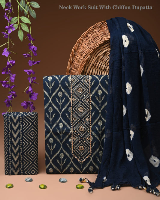 Premium Gota Patti Work Cotton Suit Set With Chiffon Dupatta