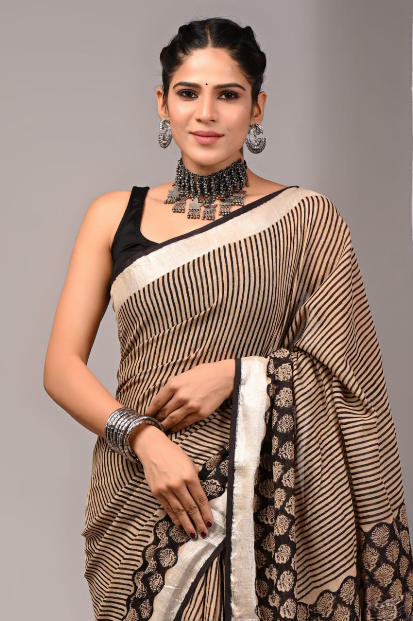 Pure Cotton Linen Handblock Printed Saree With Blouse