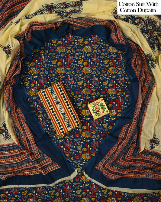 Designer Hand Block Printed Cotton Suit Set With Cotton Dupatta