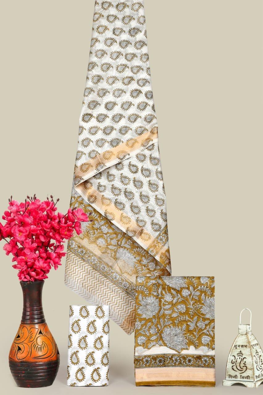 Designer Handblock Printed Maheshwari Silk Suit Set