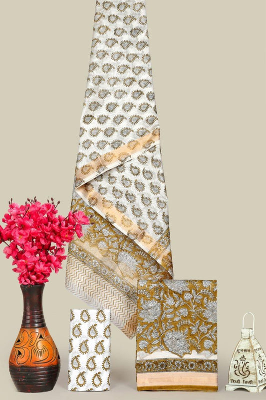 Designer Handblock Printed Maheshwari Silk Suit Set