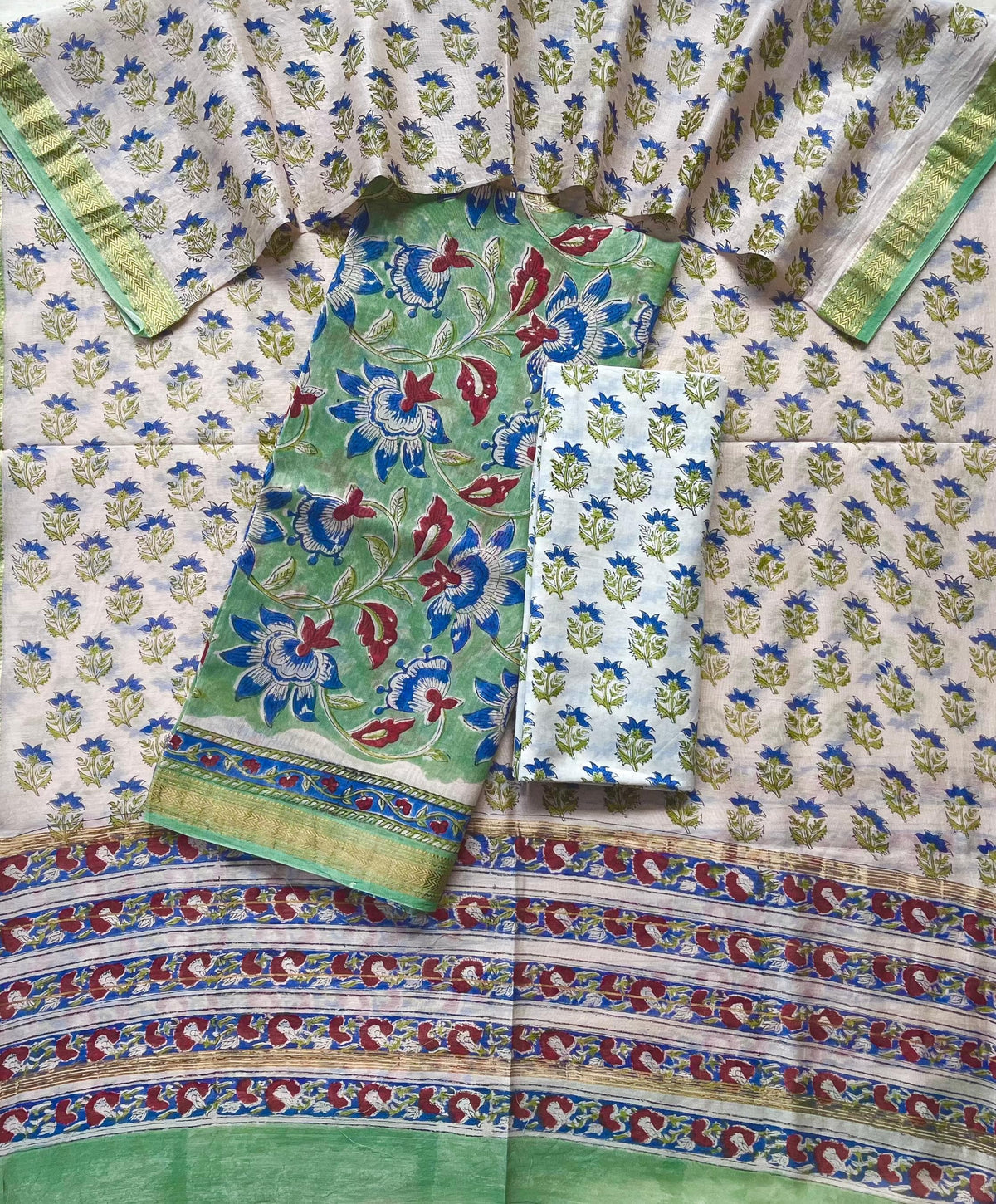 Premium Designer Handblock Printed Maheshwari Silk Suit Set
