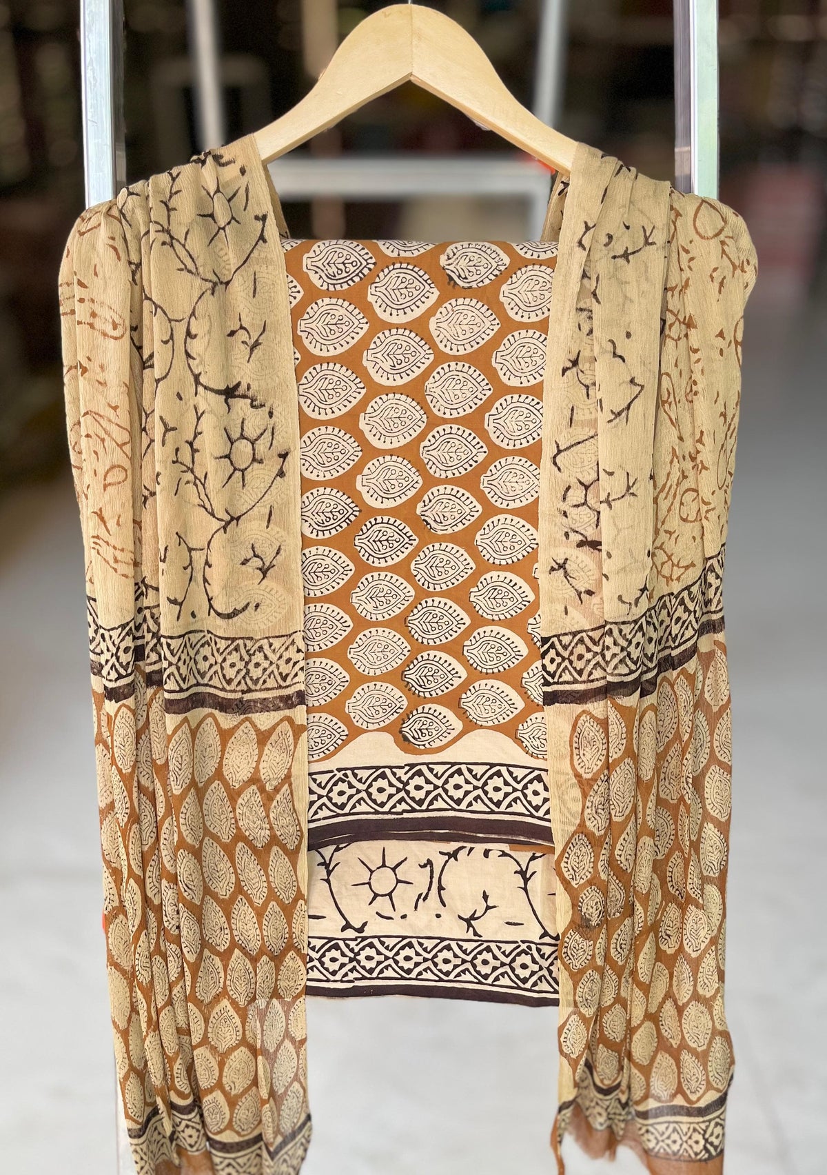 Pure Cotton Hand Block Printed Suit Set With Chiffon Dupatta