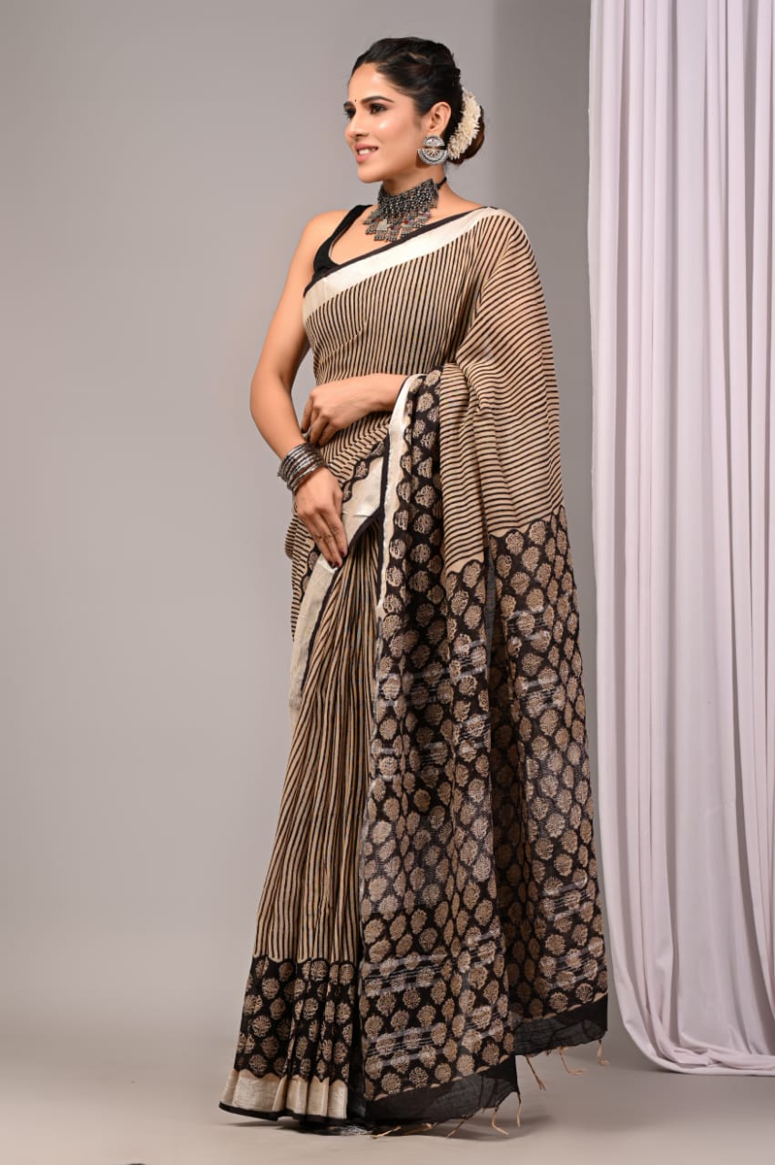 Pure Cotton Linen Handblock Printed Saree With Blouse