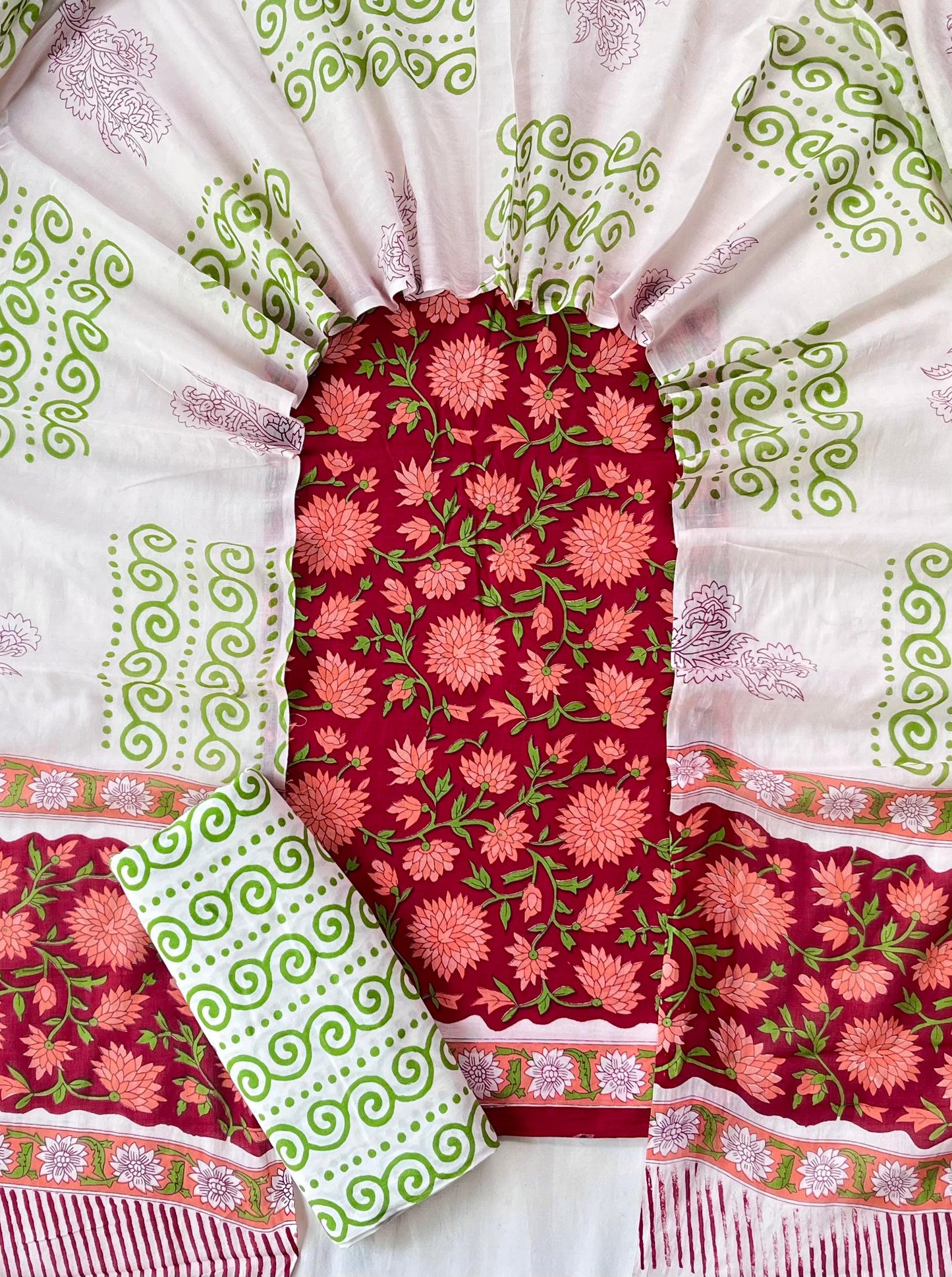 Pure Soft Cotton Hand Block Printed Suit Set With Cotton Dupatta