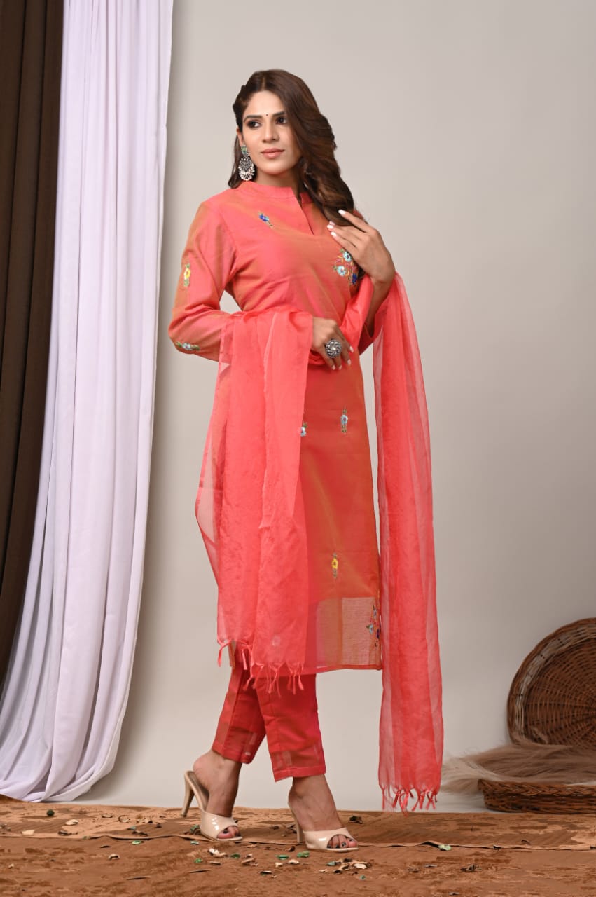 Elegant Coral Chanderi Silk Hand-Embroidered Suit Set with Dupatta