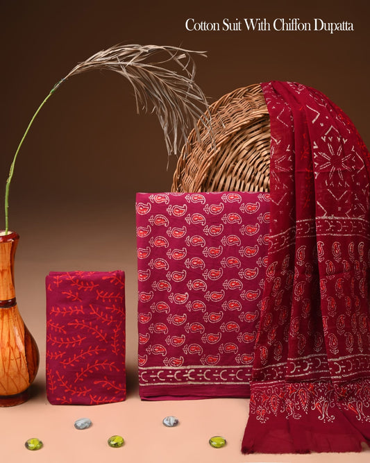 Pure Cotton Hand Block Printed Suit Set With Chiffon Dupatta