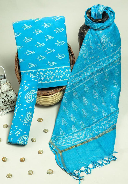 Pure Cotton Hand Block Printed Suit Set With Kota Doria Dupatta