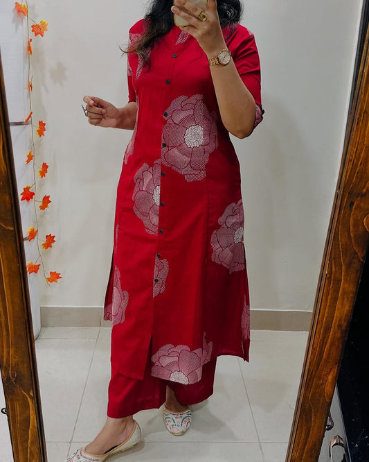 Premium Floral Fine Cotton Printed A-Line Pattern Kurti-Palazzo Set
