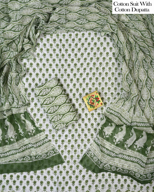 Designer Hand Block Printed Cotton Suit Set With Cotton Dupatta