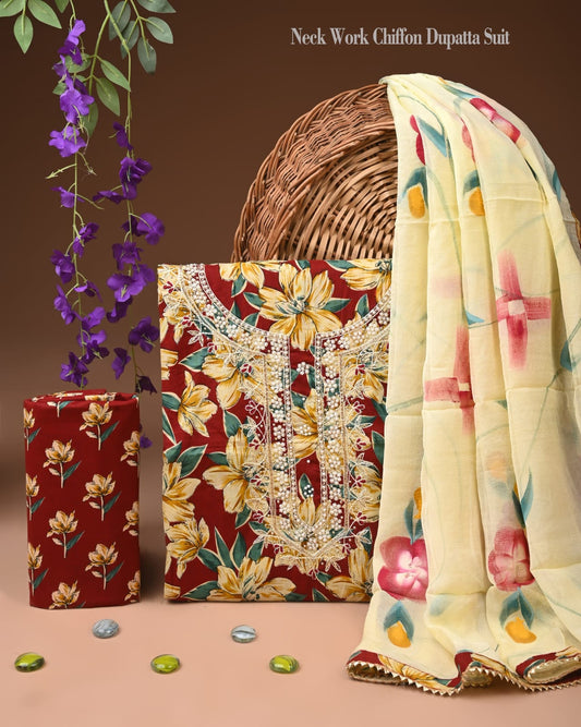 Premium Gota Patti Work Cotton Suit Set With Chiffon Dupatta