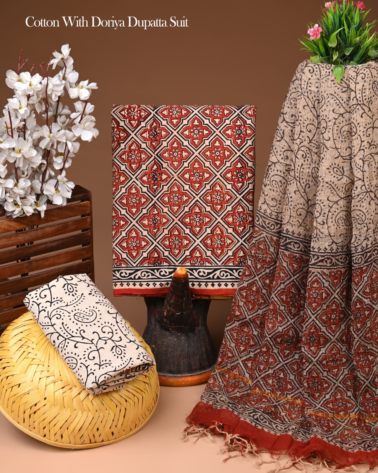 Pure Cotton Hand Block Printed Suit Set With Kota Doria Dupatta