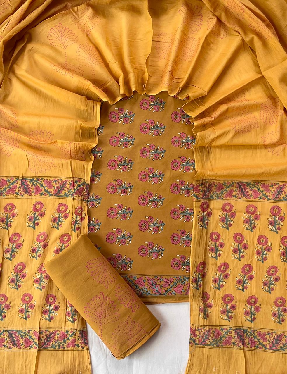 Pure Soft Cotton Hand Block Printed Suit Set With Cotton Dupatta