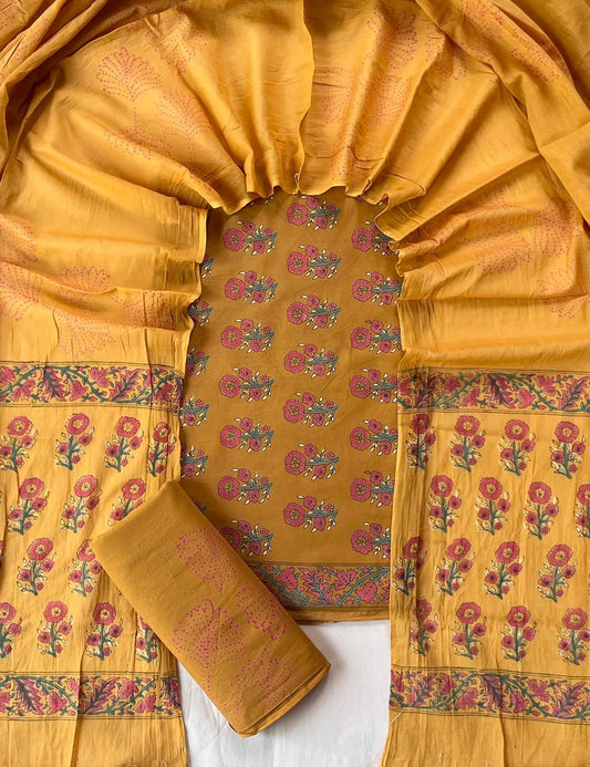 Pure Soft Cotton Hand Block Printed Suit Set With Cotton Dupatta