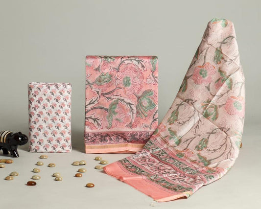 Designer Handblock Printed Chanderi Silk Suit Set