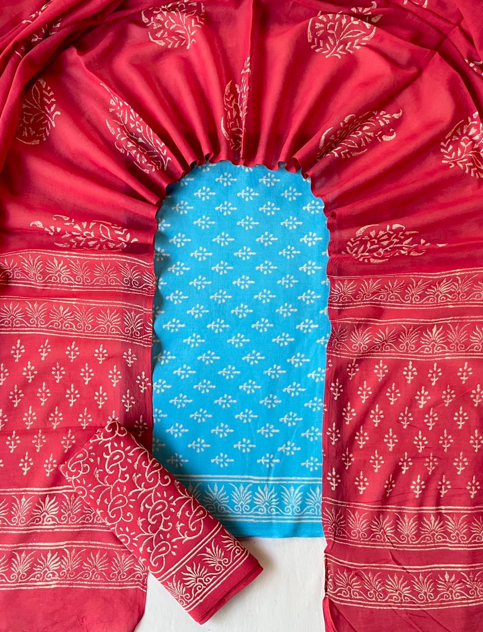 Pure Soft Cotton Hand Block Printed Suit Set With Cotton Dupatta