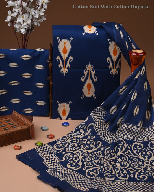 Designer Hand Block Printed Cotton Suit Set With Cotton Dupatta