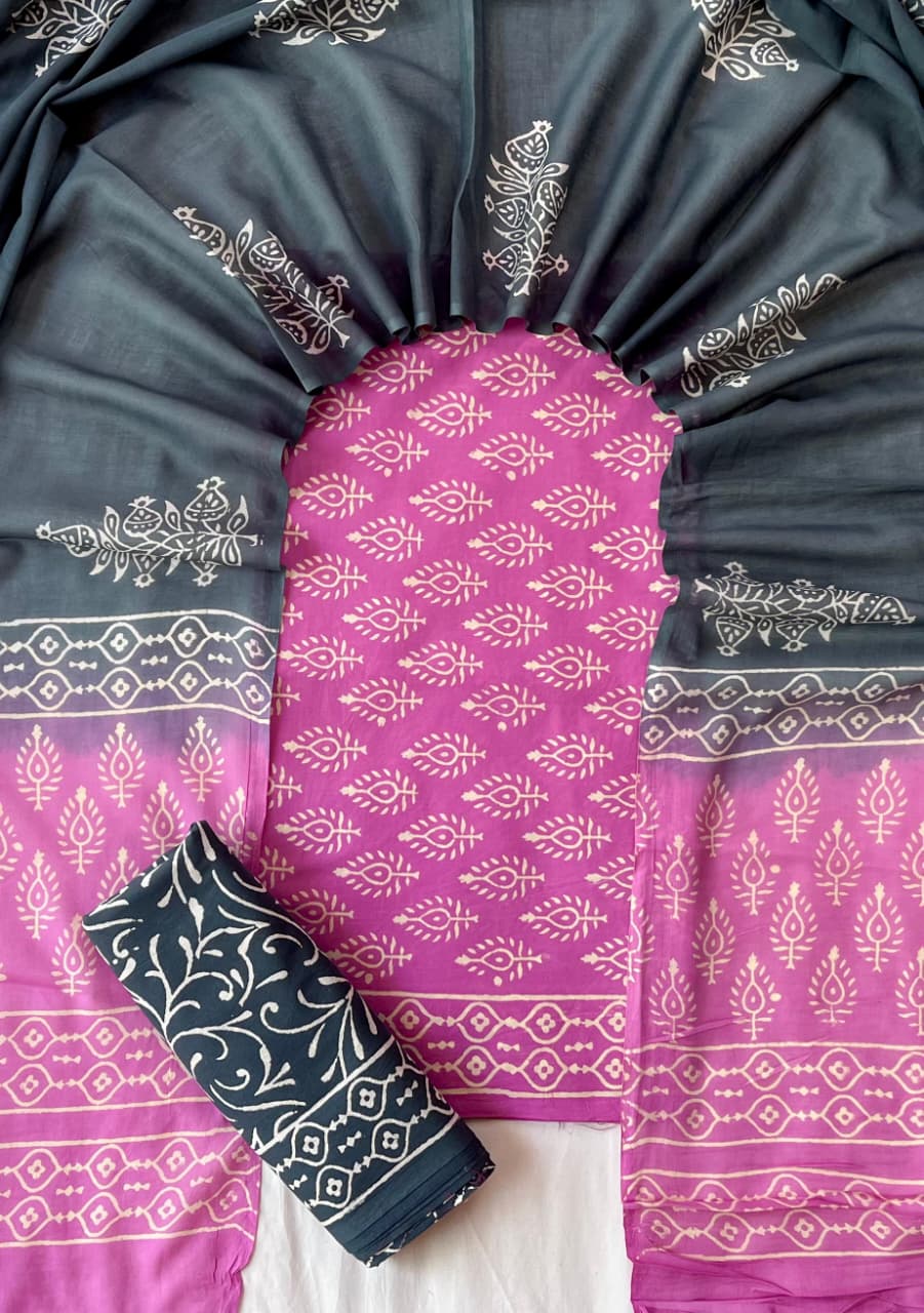 Pure Soft Cotton Hand Block Printed Suit Set With Cotton Dupatta