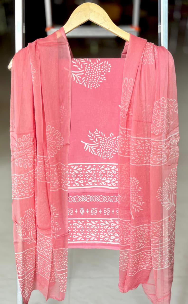 Pure Cotton Hand Block Printed Suit Set With Chiffon Dupatta