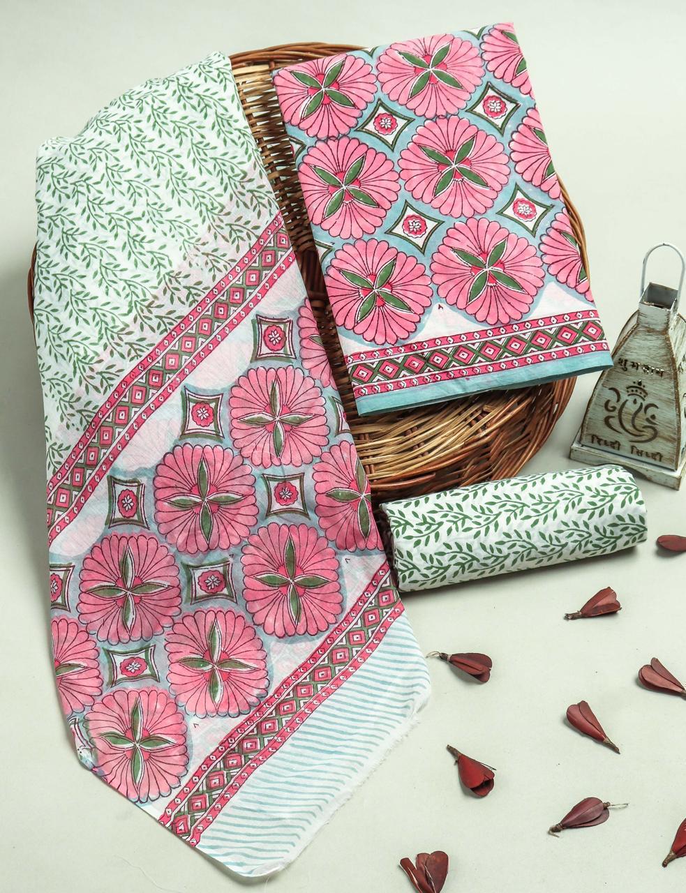 Designer Hand Block Printed Cotton Suit Set With Cotton Dupatta