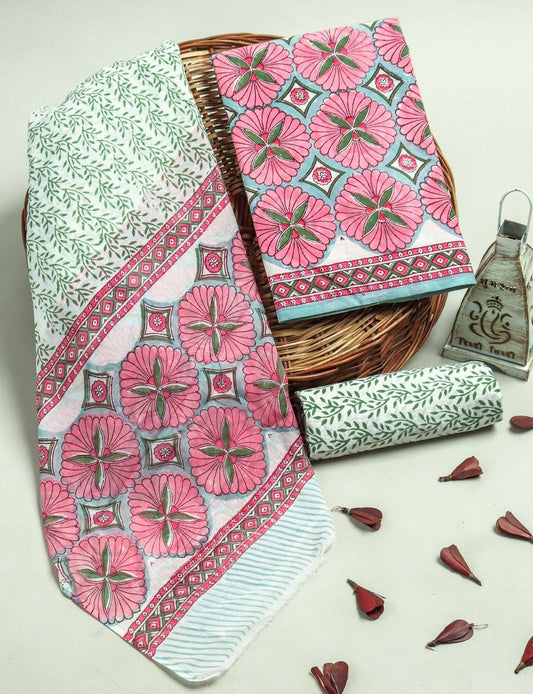 Designer Hand Block Printed Cotton Suit Set With Cotton Dupatta