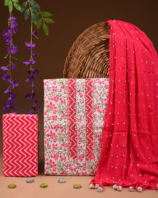 Premium Gota Patti Work Cotton Suit Set With Chiffon Dupatta