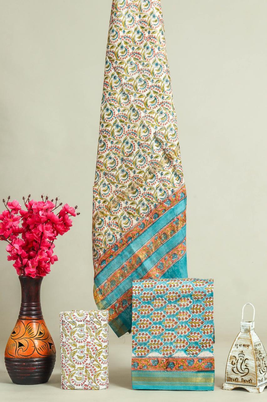Designer Handblock Printed Maheshwari Silk Suit Set