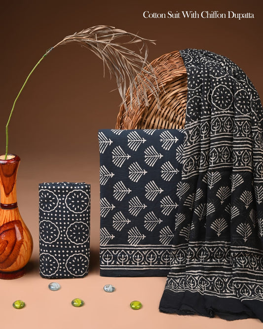 Pure Cotton Hand Block Printed Suit Set With Chiffon Dupatta