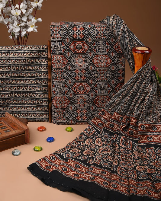 Designer Hand Block Printed Cotton Suit Set With Cotton Dupatta