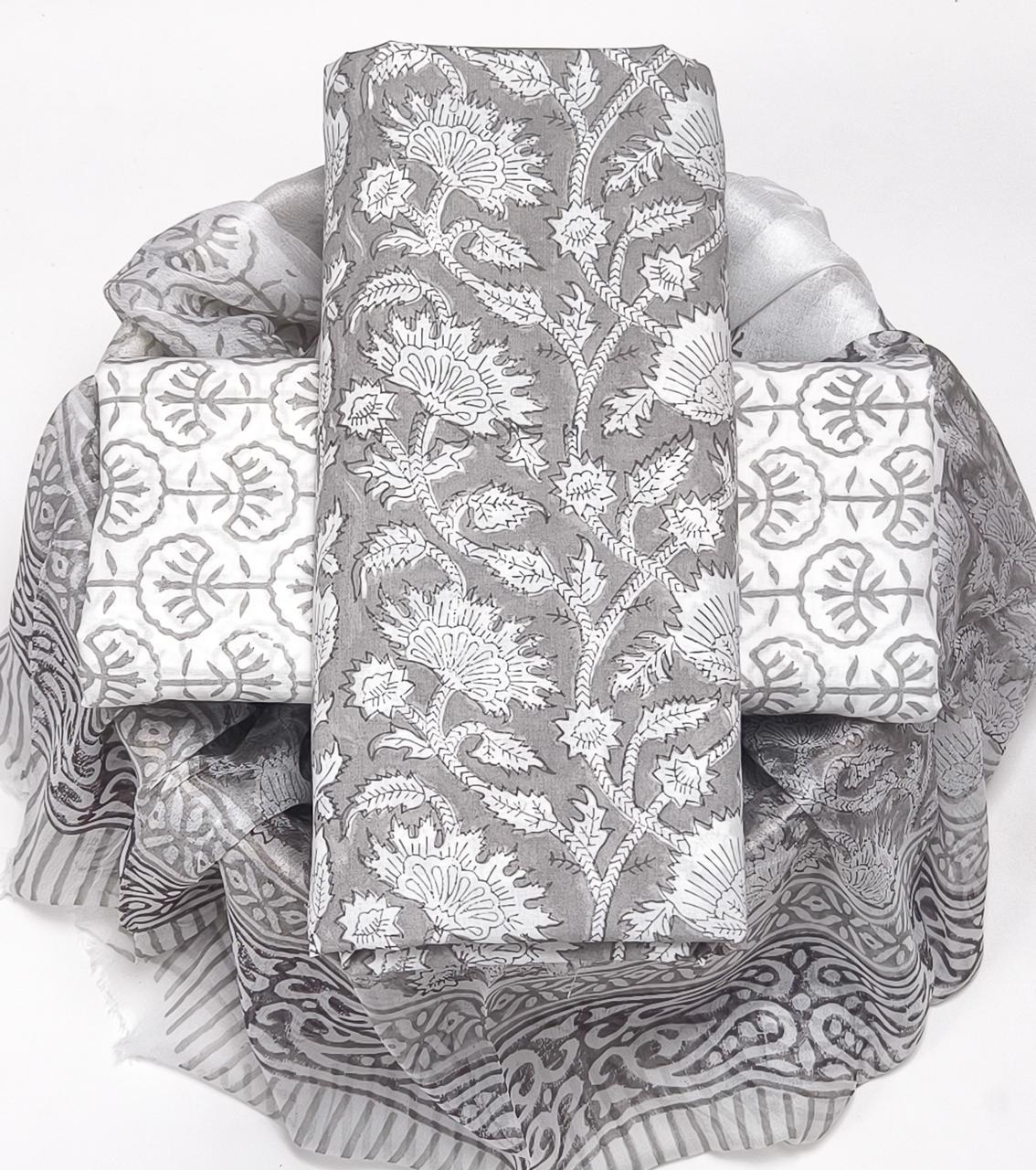 Pure Cotton Hand Block Printed Suit Set With Chiffon Dupatta