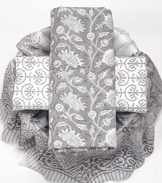 Pure Cotton Hand Block Printed Suit Set With Chiffon Dupatta