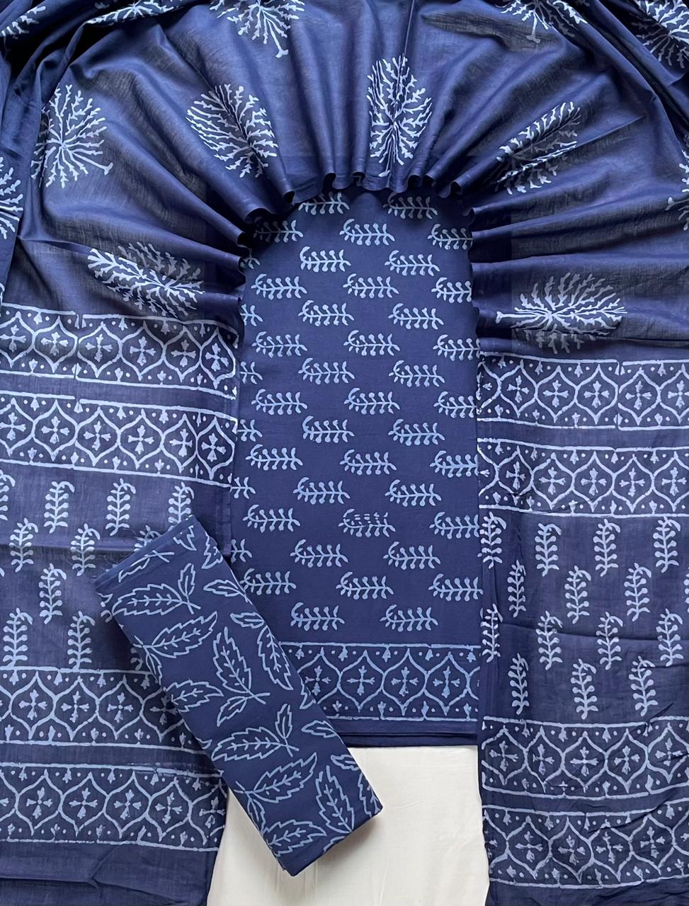 Pure Soft Cotton Hand Block Printed Suit Set With Cotton Dupatta