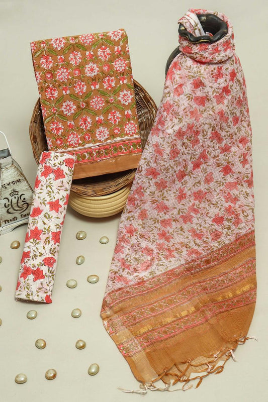 Pure Cotton Hand Block Printed Suit Set With Kota Doria Dupatta