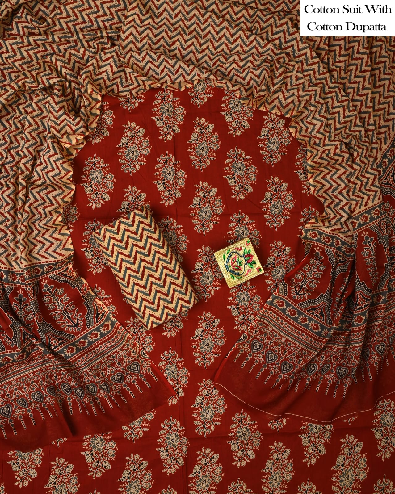 Designer Hand Block Printed Cotton Suit Set With Cotton Dupatta
