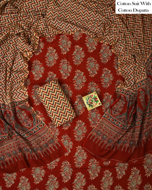 Designer Hand Block Printed Cotton Suit Set With Cotton Dupatta