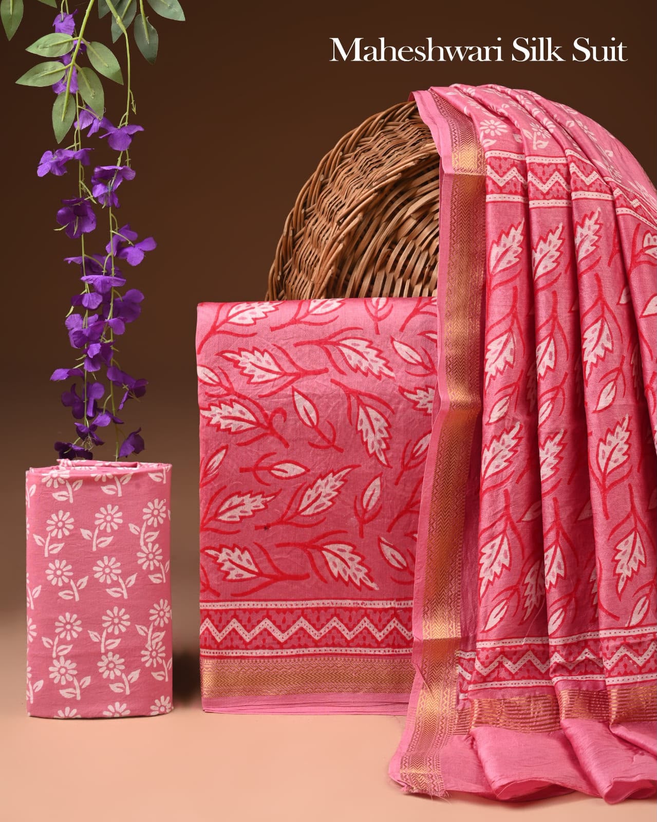 Premium Designer Handblock Printed Maheshwari Silk Suit Set
