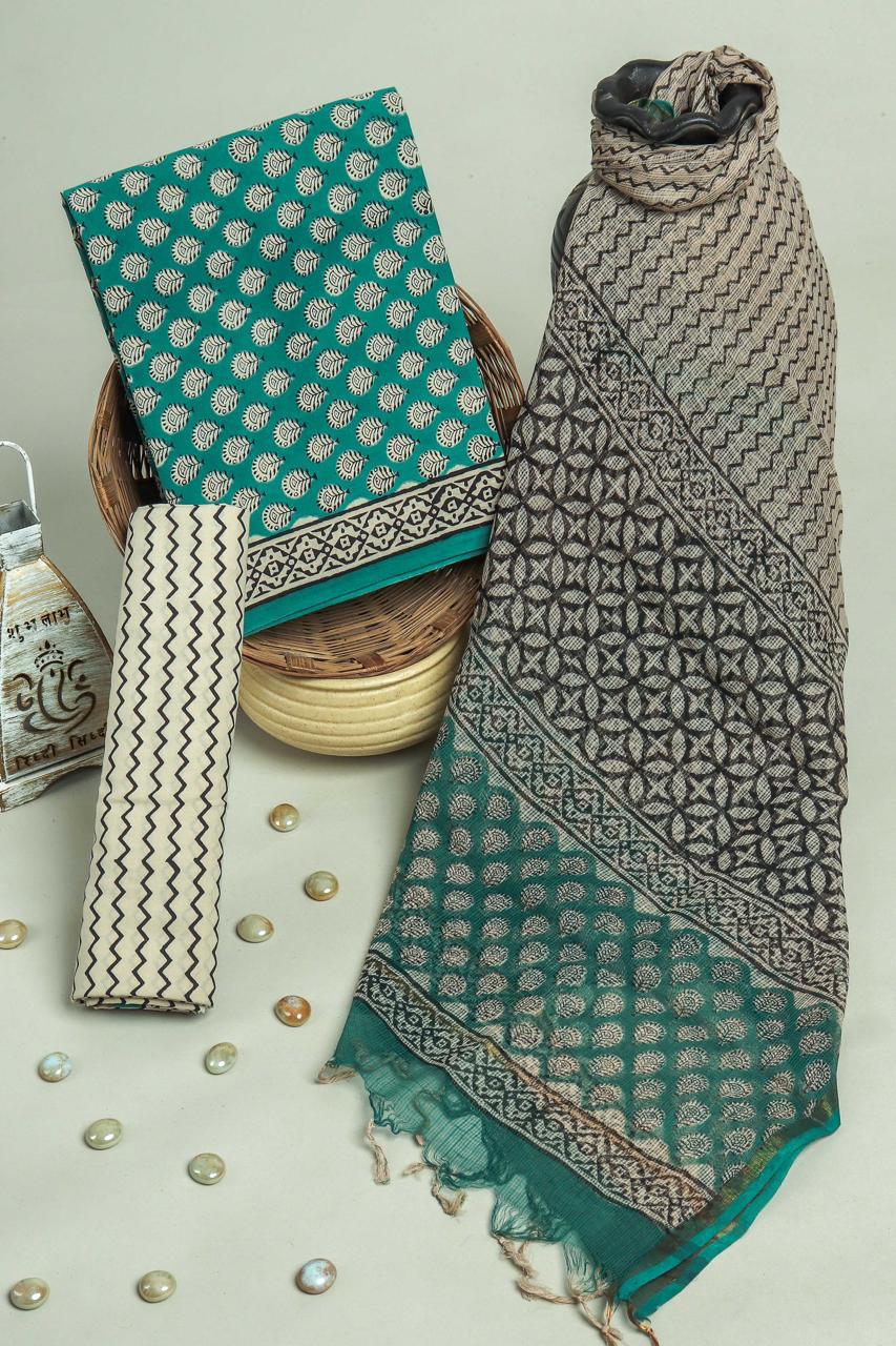 Pure Cotton Hand Block Printed Suit Set With Kota Doria Dupatta
