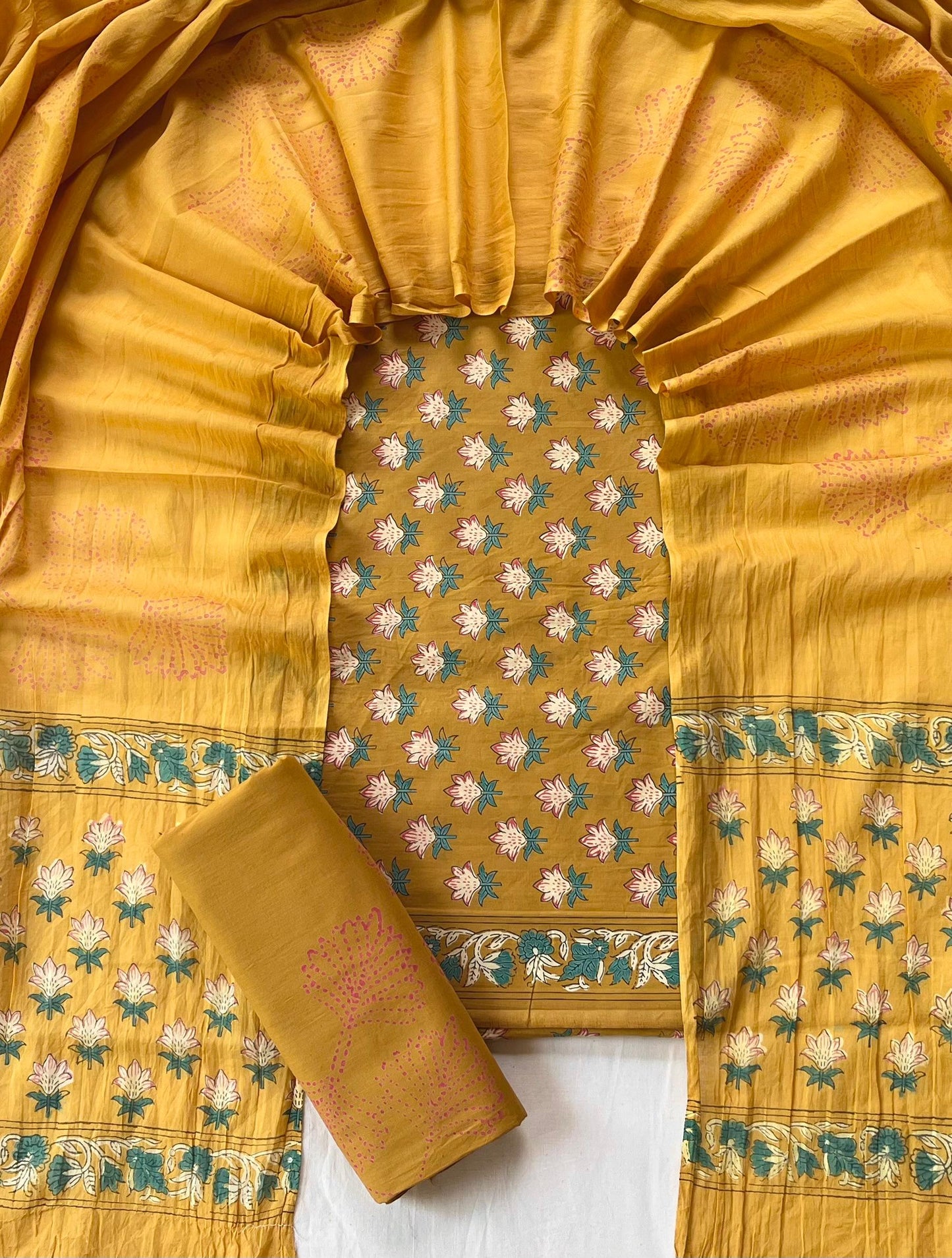 Pure Soft Cotton Hand Block Printed Suit Set With Cotton Dupatta