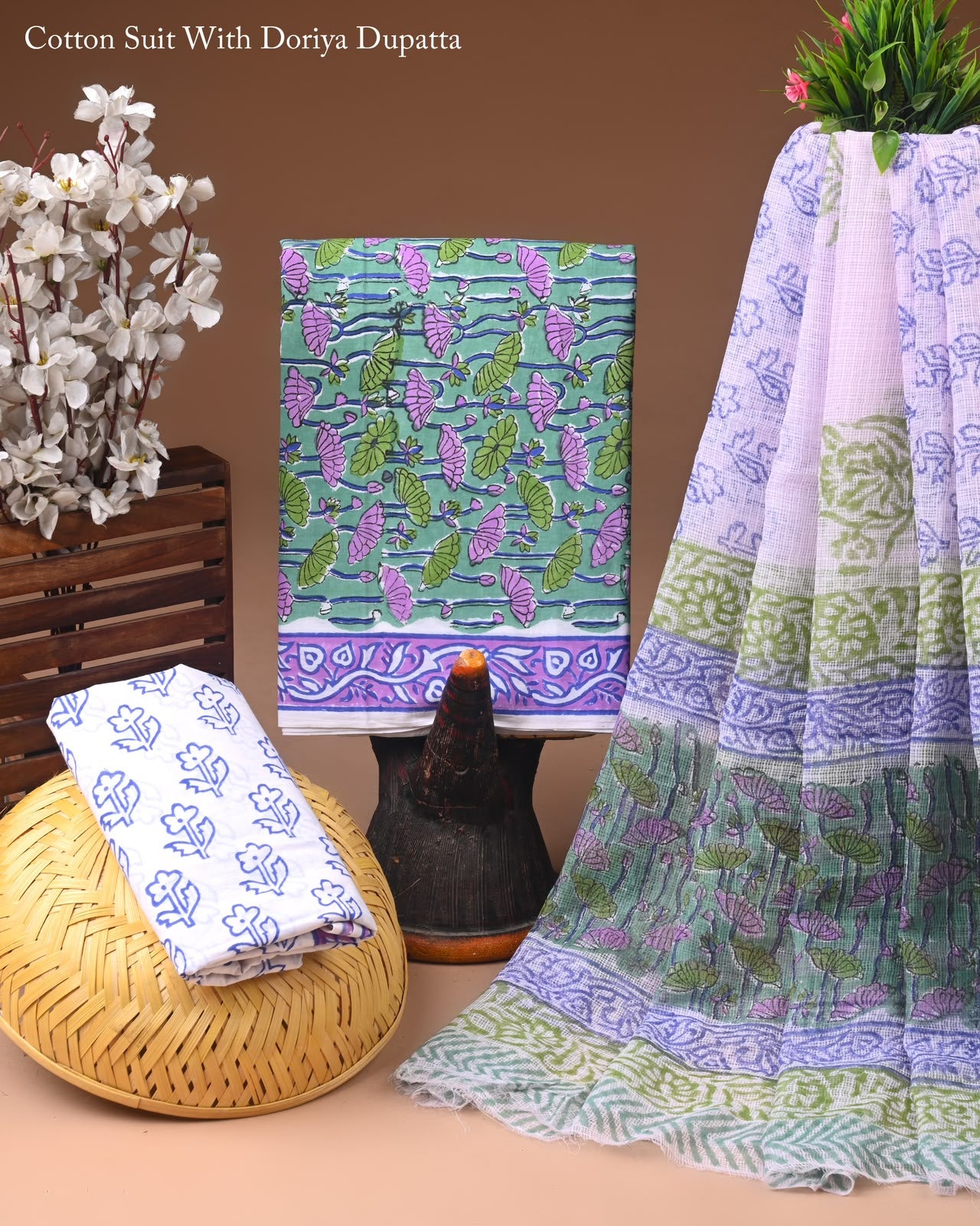 Pure Cotton Hand Block Printed Suit Set With Kota Doria Dupatta