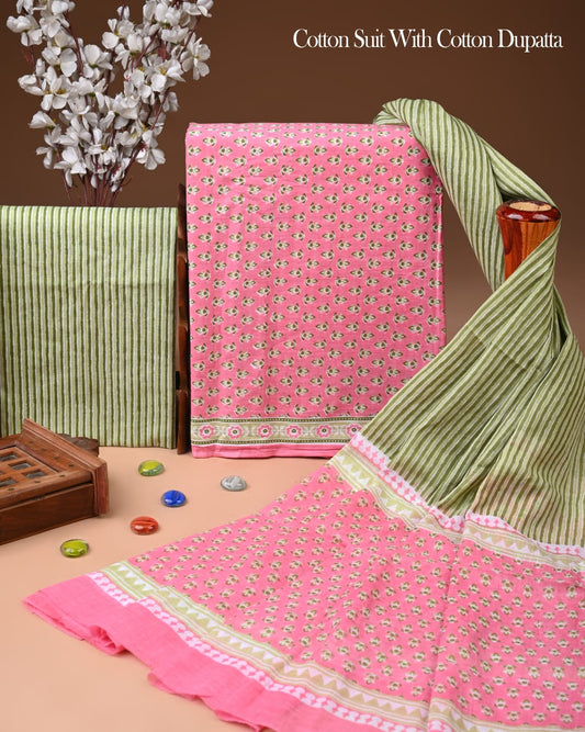 Pure Soft Cotton Hand Block Printed Suit Set With Cotton Dupatta