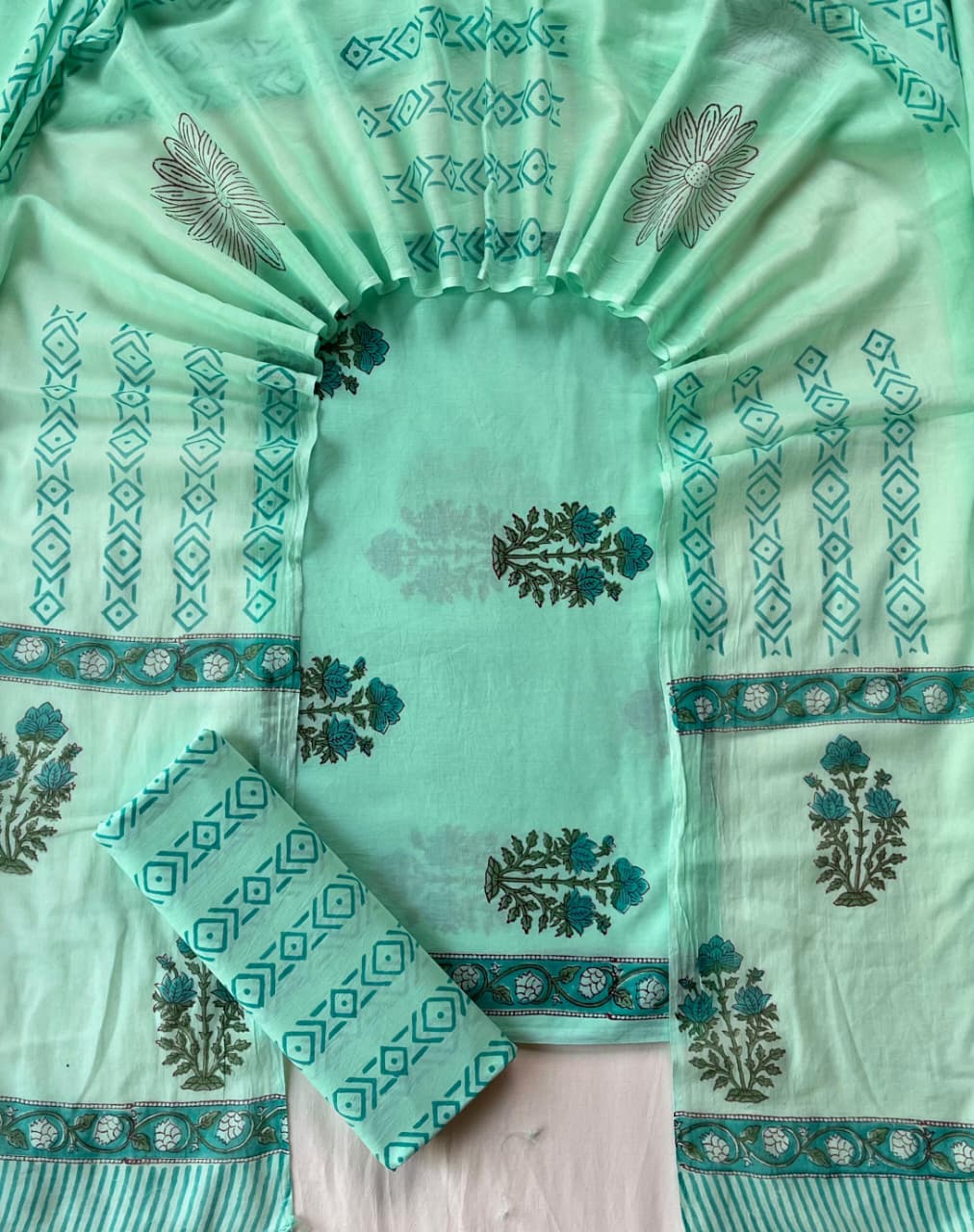 Pure Soft Cotton Hand Block Printed Suit Set With Cotton Dupatta