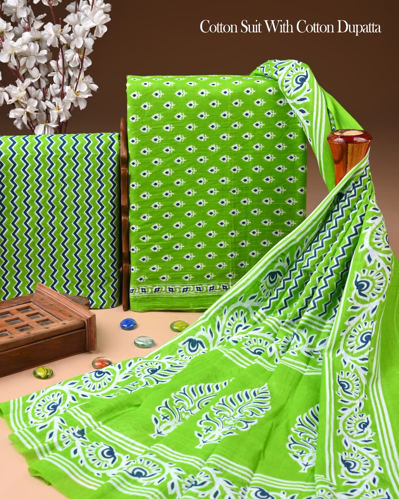 Designer Hand Block Printed Cotton Suit Set With Cotton Dupatta