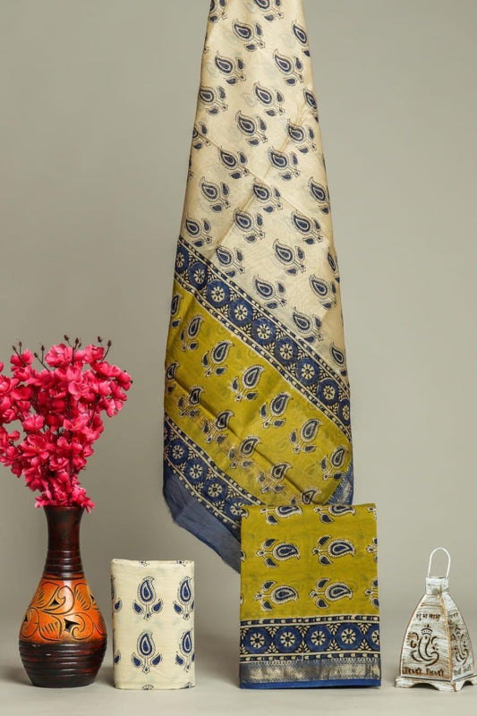 Designer Handblock Printed Maheshwari Silk Suit Set