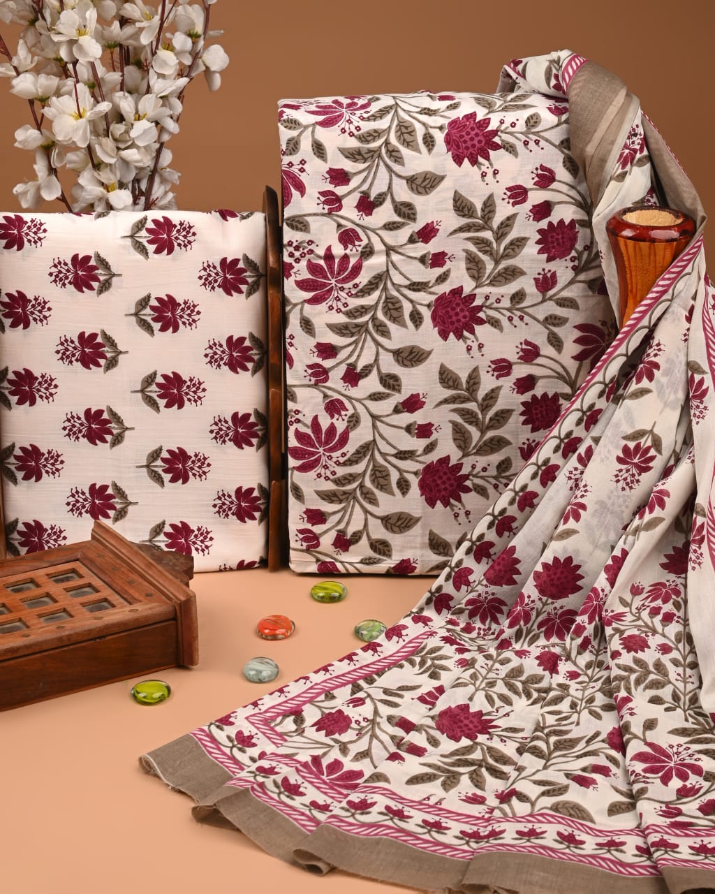 Designer Hand Block Printed Cotton Suit Set With Cotton Dupatta